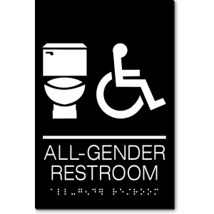 A black sign that reads "All Gender Restroom" in white. Above the text are icons of a toilet and a person using a wheelchair. Below the text is a braille translation of the text.