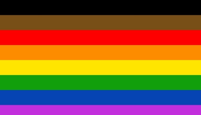 an eight-color horizontally striped flag: black, brown, red, orange, yellow, green, blue, purple
