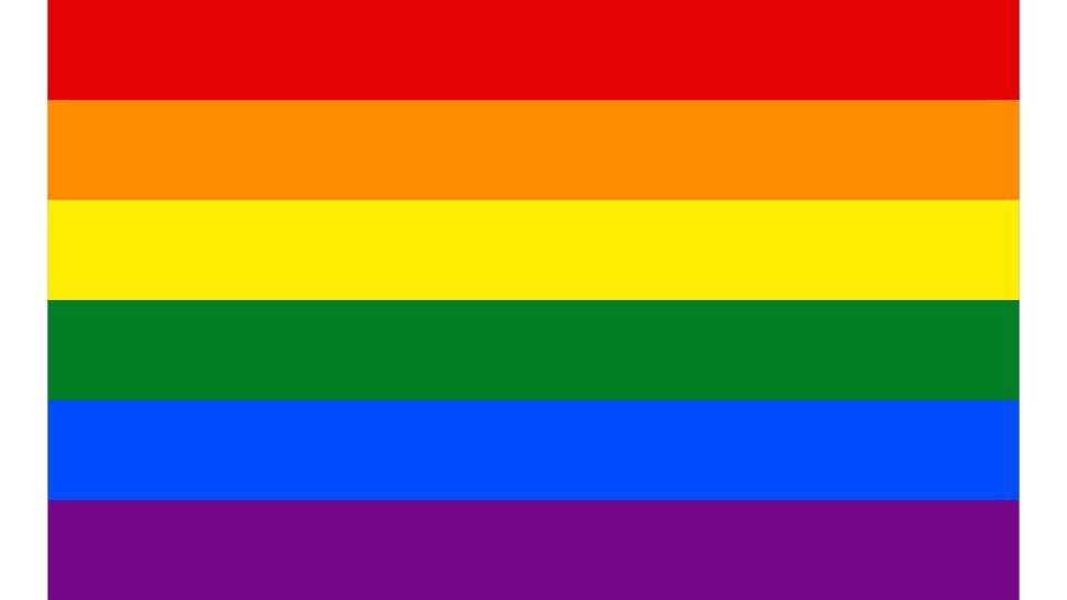 horizontally striped flag; red, orange, yellow, green, blue, purple 